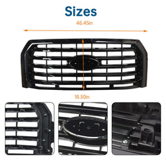 Front Bumper Upper Grille ABS Gloss Black Horizontal Front Mesh Bumper Upper Grille Grill Fit For 2015 2016 2017 Ford F150 Heat Corrosion Impact Resistant Waterproof Plastic