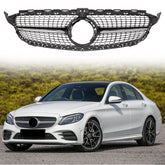 Front Grill Diamond Grille Black w/camera Hole Fit For W205 C-CLASS 2019/2020/2021