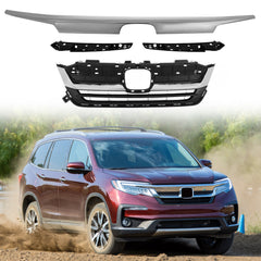 4PCS Front Bumper Grille For 2019/2020/2021/2022 Honda Pilot Grill w/ Chrome Molding Trim