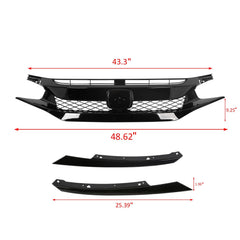 Front Mesh Grille Type R For 2019-2021 Honda Civic Sedan Coupe Glossy Black