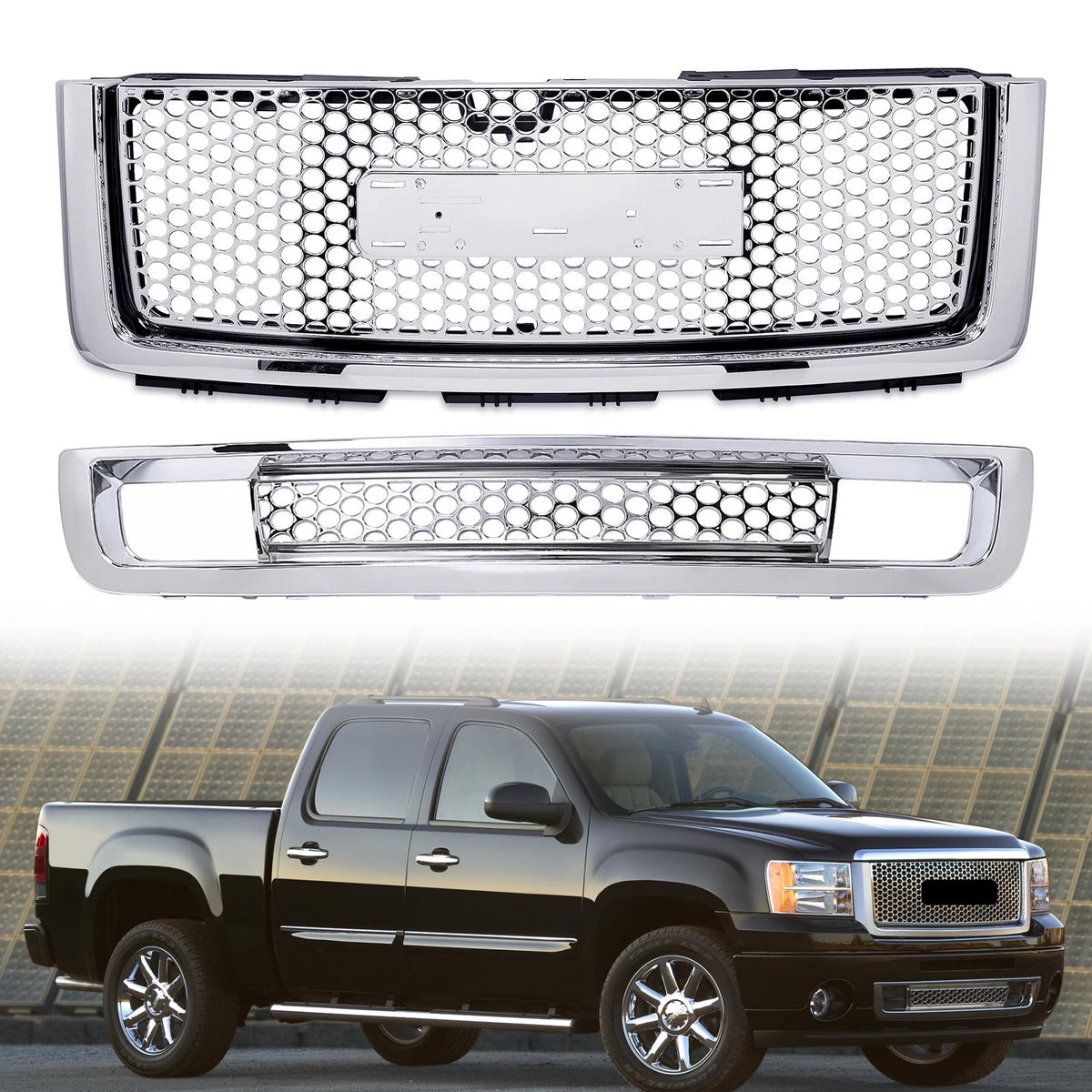 For GMC Sierra 1500 （2007 2008 2009 2010 2011 2012 2013）Chrome Front Bumper Upper Grill + Lower Grille