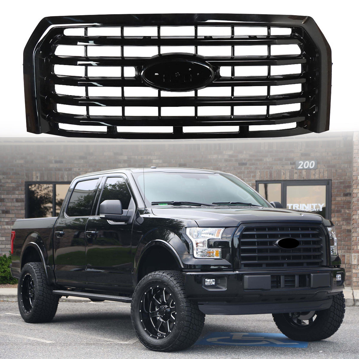For 2015/2016/2017 Ford F150 Front Bumper Upper Grille ABS Gloss Black Horizontal