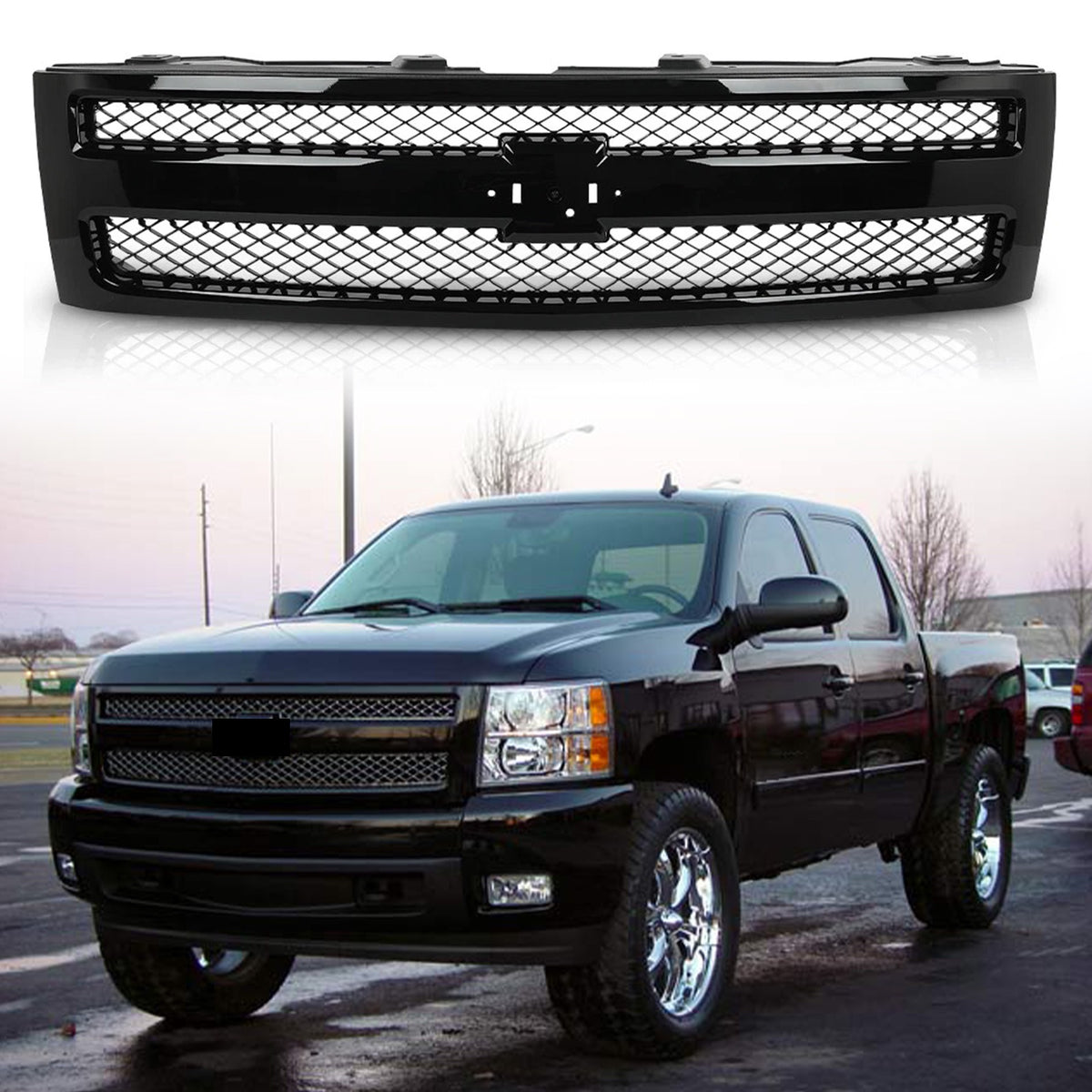 Grille Fit For 2007/2008/2009/2010/2011/2012/2013 Chevrolet Silverado 1500 Black Shell w/ Black Insert