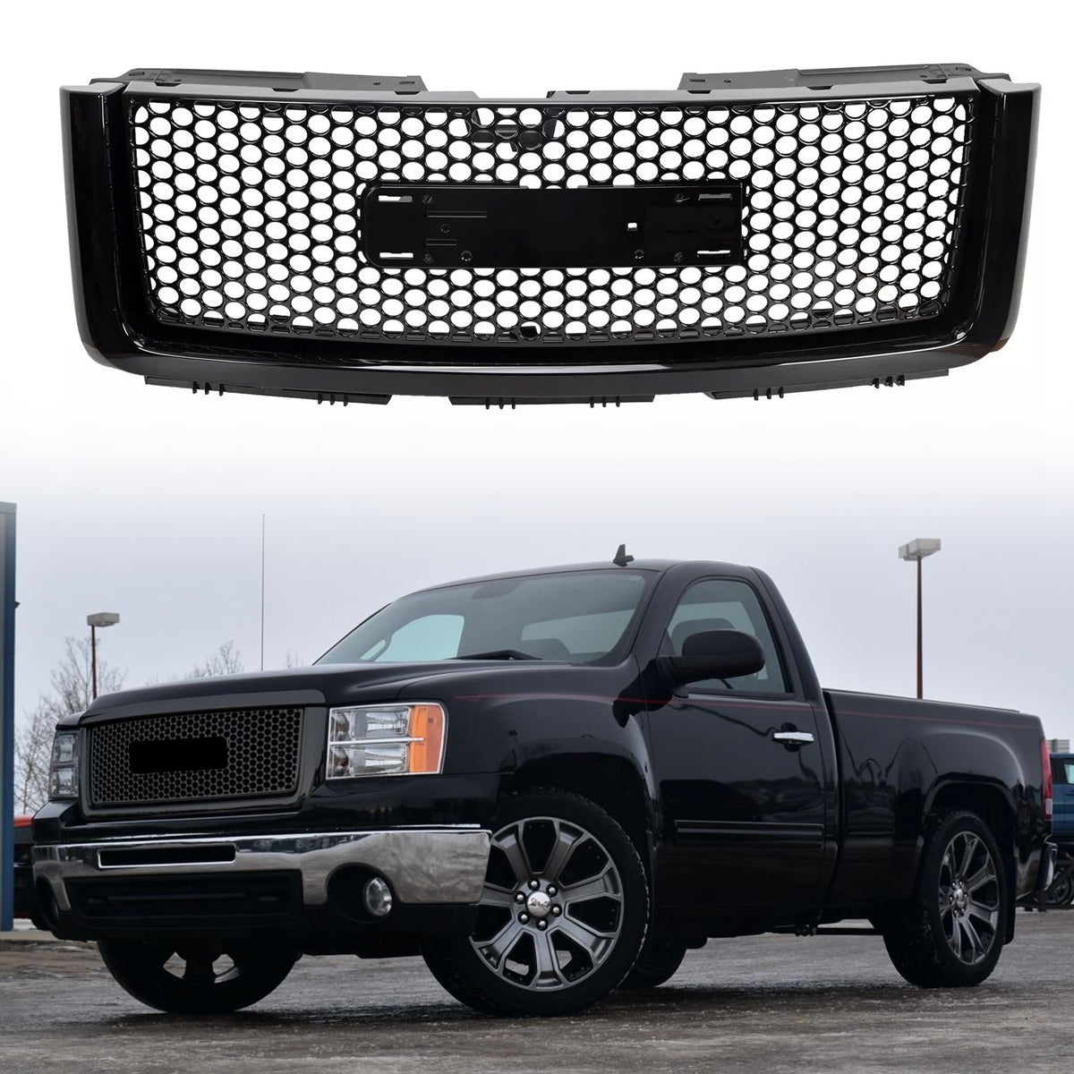For 2007 2008 2009 2010 2011 2012 2013 GMC Sierra 1500 Gloss Black Denali Front Upper Bumper Hood Mesh Grille