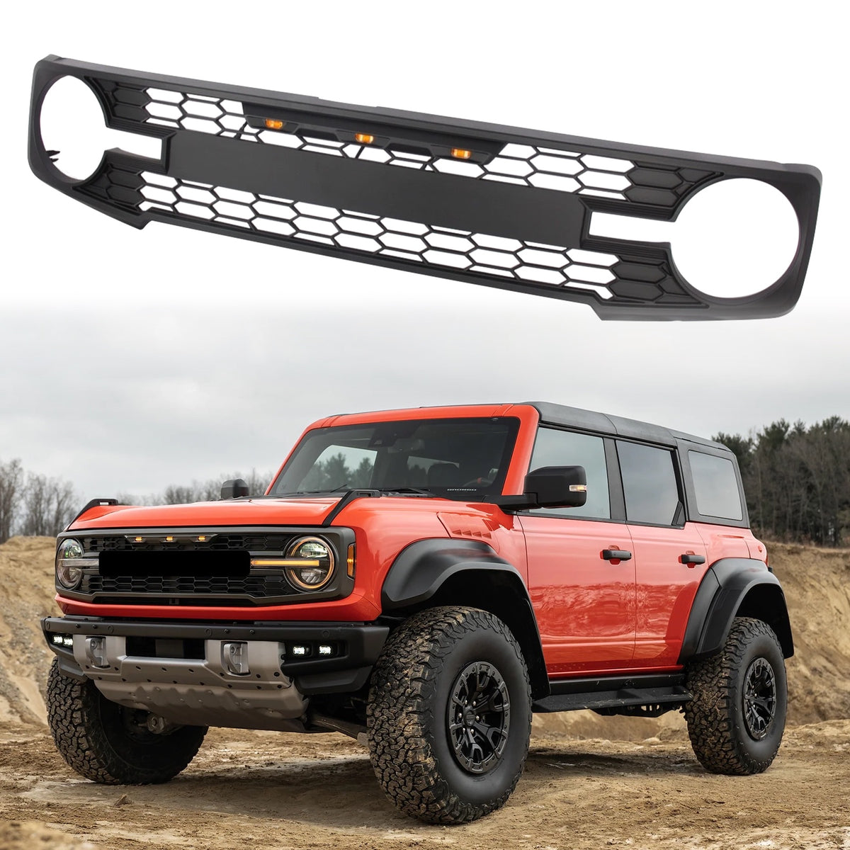 For 2021 2022 2023 2024 Ford Bronco Matt Black Grille Mesh Raptr Style Lights Amber