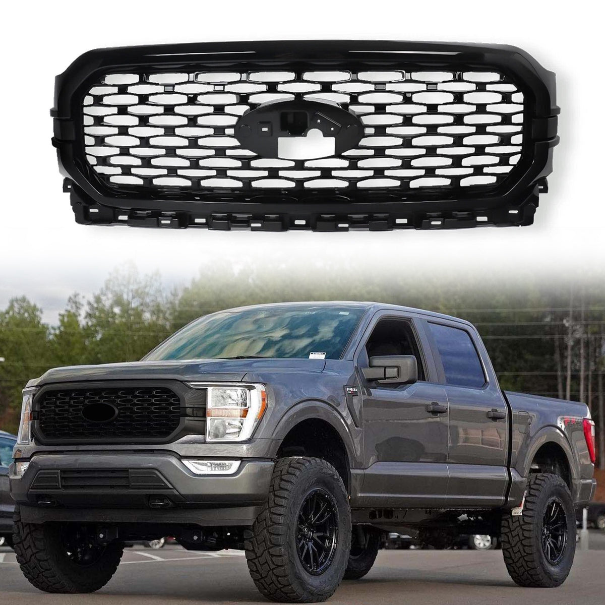 For 2021-2023 Ford F150 F-150 XLT Front Bumper Grill Grille Gloss Black Surround