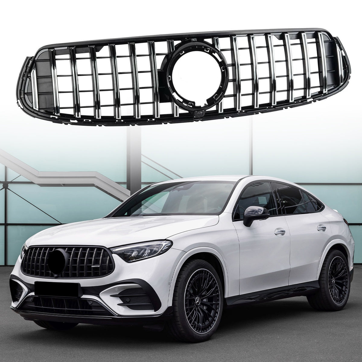 Front GT R Grille Fit 2020/2021/2022/2023 X253 GLC300 GLC43 Coupe Black Chrome W/ Camera Hole