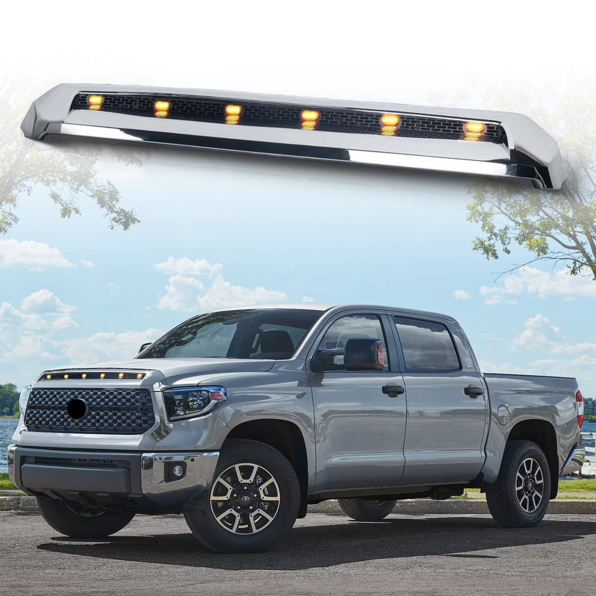 Front Upper Grille Hood Scoop FOR TOYOTA TUNDRA 2014/2015/2016/2017/2018/2019/2020/2021 Chrome w/ led Lights Lamp