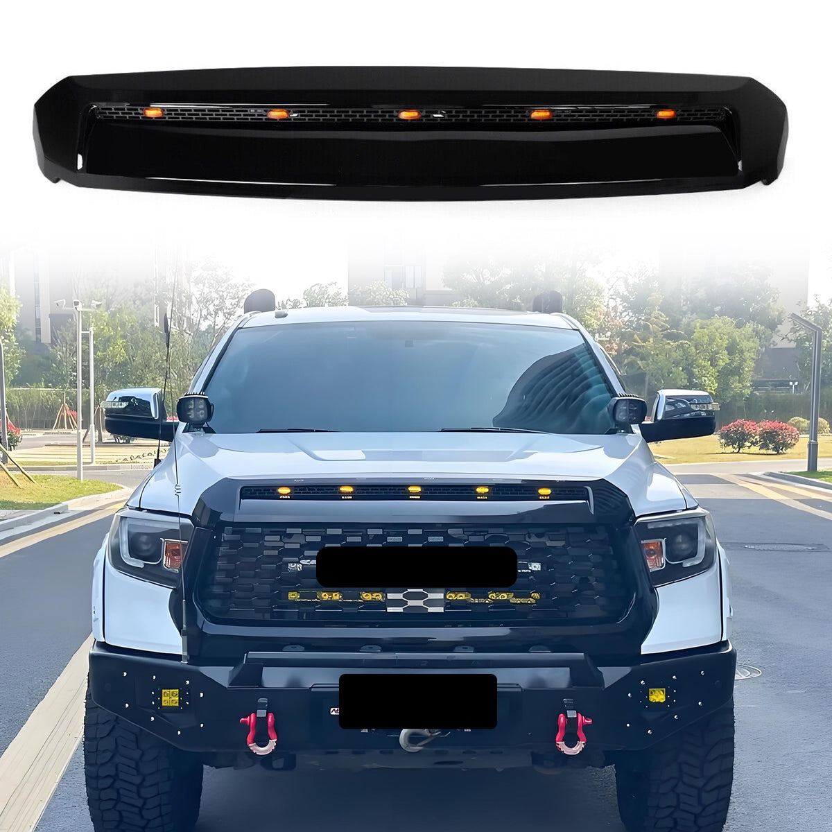 For 2014-2021 Toyota Tundra Front Upper Hood Bulge Molding Grille W/ Light Gloss Black