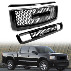 For 2007 2008 2009 2010 2011 2012 2013 GMC Sierra 1500 Denali Pickup Upper Lower Grille Hood Molding Black