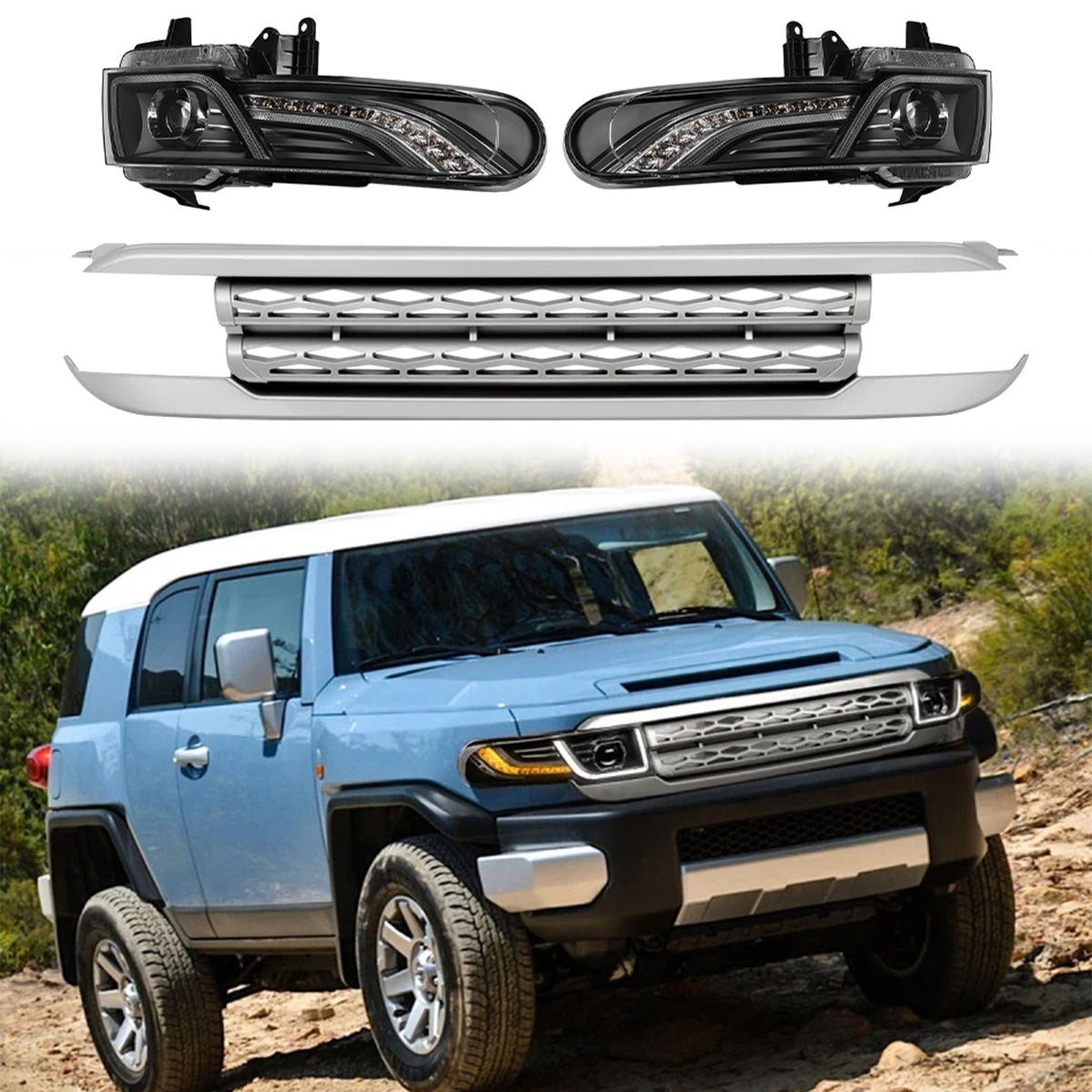 Fits 2007/2008/2009/2010/2011/2012/2013/2014/2015 Toyota FJ Cruiser Projector Headlights Headlamps With Grille