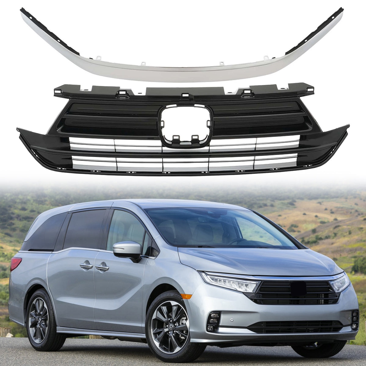 Front Upper Black Grille Grill Chrome Molding For Honda Odyssey 2021 2022 2023