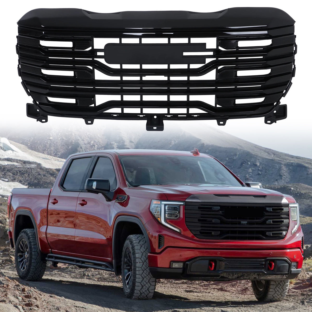 Plastic Front Grille Assembly For GMC Sierra 1500 AT4/AT4X 2022/2023/2024 Gloss Black