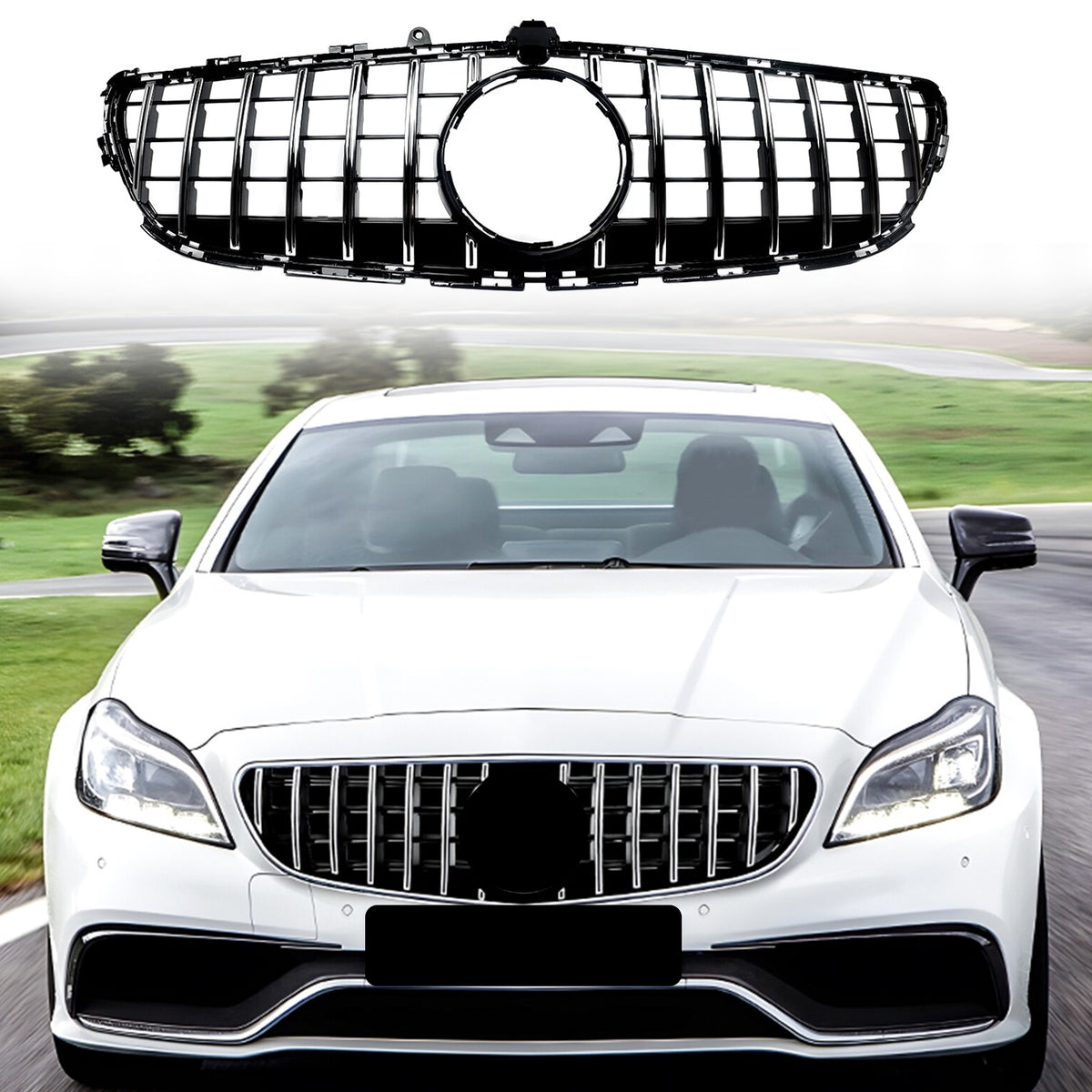 GT R Front Grille For Mercedes Benz W218 CLS400 CLS550 2015-2018 Chrome+Black