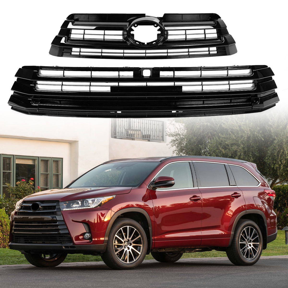 Front Upper and Lower Grille Grill For Toyota Highlander 2017/2018/2019 Gloss Black