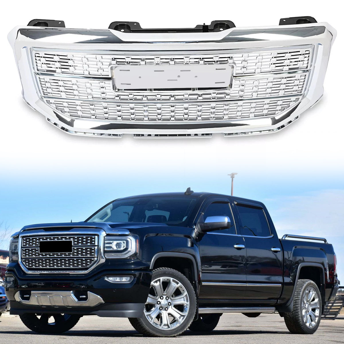 Front Upper Chrome Mesh Grille Fits 2016-2018 GMC Sierra 1500 Denali Style
