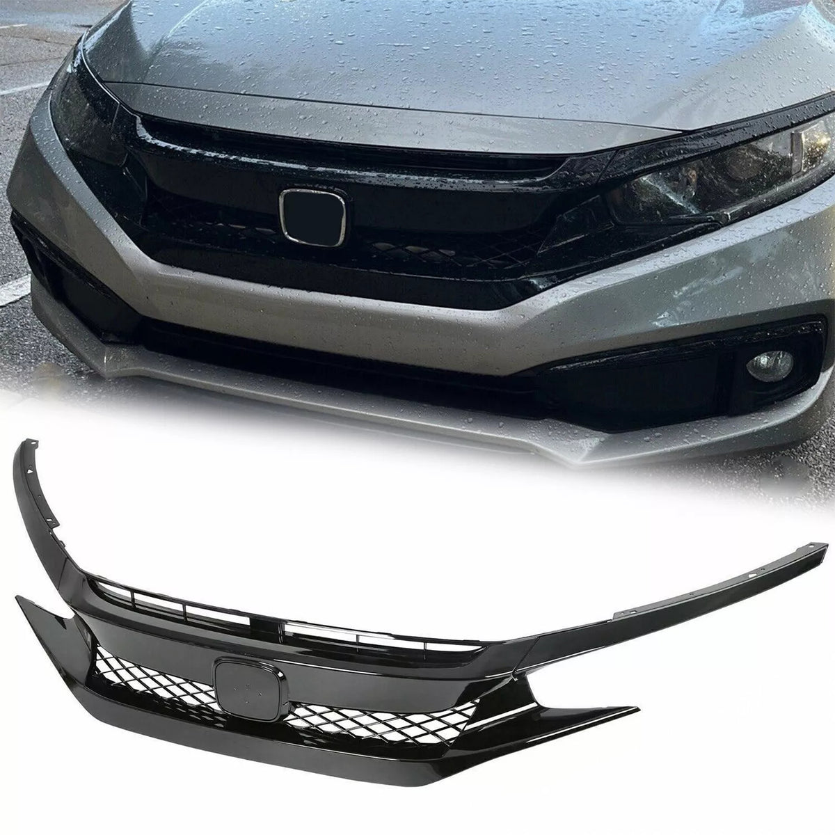 Front Mesh Grille Type R For 2019-2021 Honda Civic Sedan Coupe Glossy Black